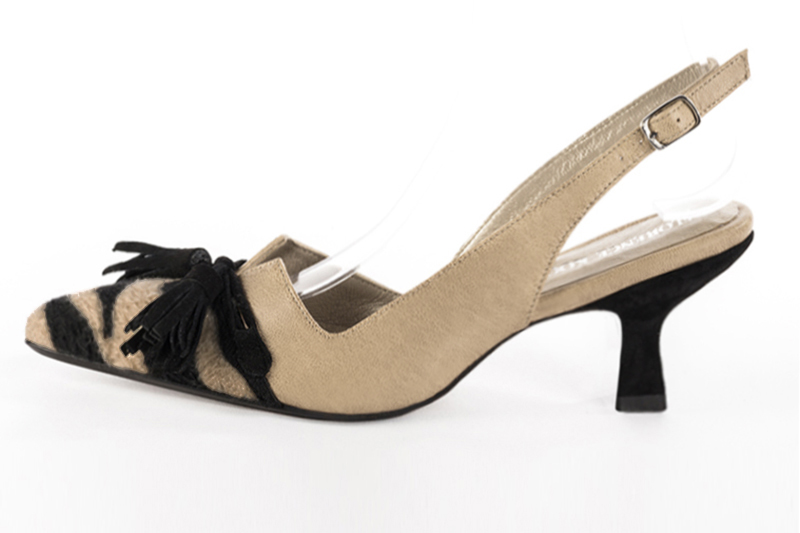 Safari black and champagne white women's open back shoes, with a knot. Tapered toe. Medium spool heels. Profile view - Florence KOOIJMAN